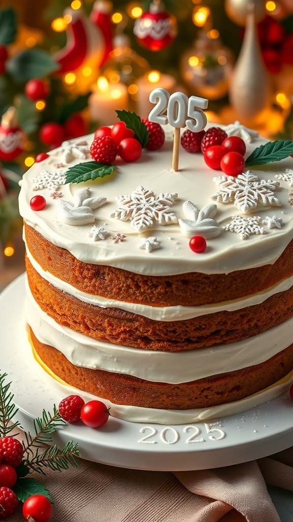 Elegant Christmas Cake Design 2025 Elegant Christmas cake decorated with fondant snowflakes, edible glitter, and fresh berries, perfect for holiday celebrations.
